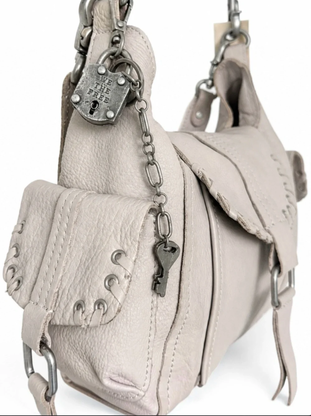 Free People Baby Leigh Pearl Leather Hobo Crossbody Shoulder Bag Lock Key Charm